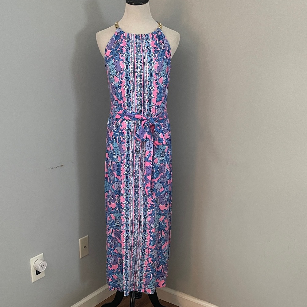 Lilly Pulitzer Bingham Halter Midi Dress Soleil Pink Palm Paradise size small